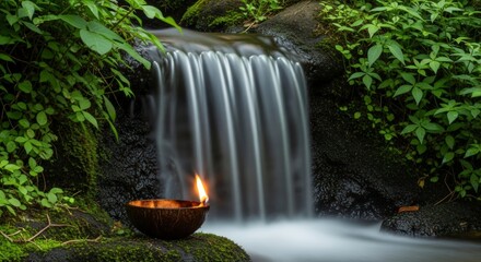 Serene waterfall cascading over mossy rocks with a flickering candle in a coconut shell tranquil