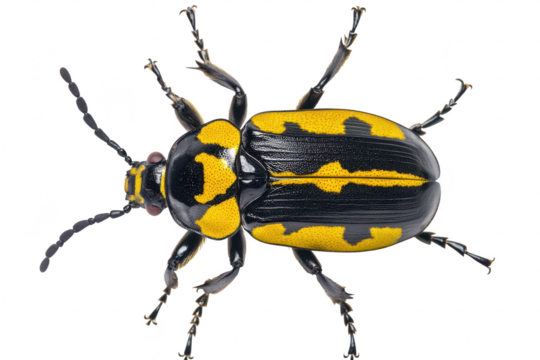 A yellow and black beetle positioned centrally against a white background. its intricate patterns and features. ideal for educational or scientific use