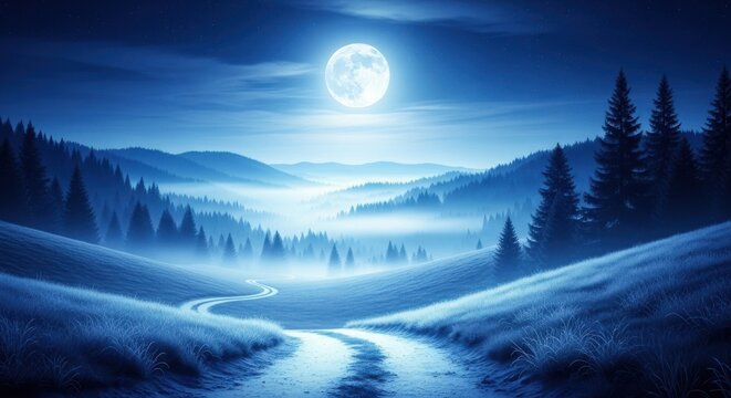 Enchanting blue night landscape featuring a bright full moon illuminating a misty valley with a winding path through snowdusted hills and dark evergreen forest silhouettes under a starry sky