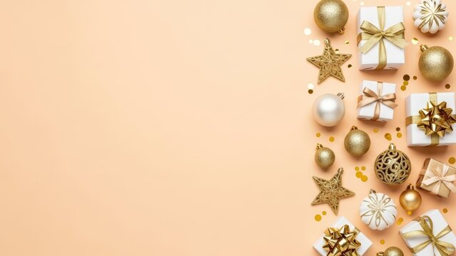 Golden Christmas ornaments and elegant gift boxes arranged on a peach background with copy space - Powered by Adobe