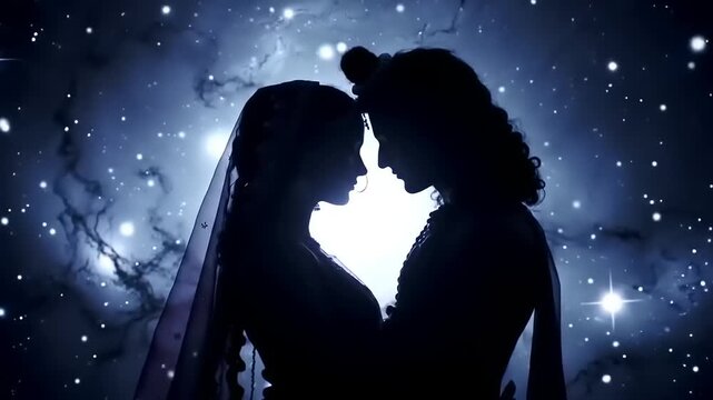 Couple embracing in night sky silhouette.