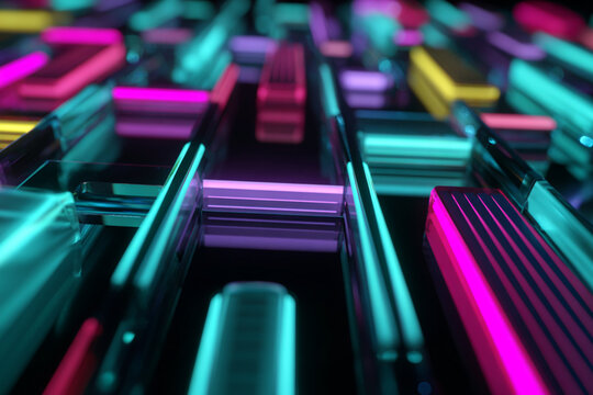 Colorful digital art with glowing geometric shapes creating a vibrant abstract scene