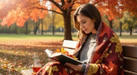 A woman reading a book on a bench in a park during autumn with colorful fall leaves around her
