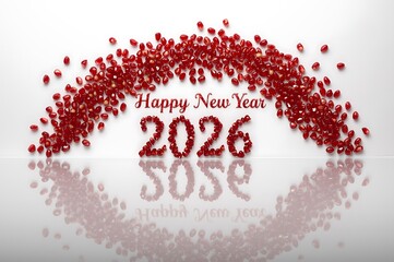 Happy new year 2026 celebration with red glitter arch and reflection