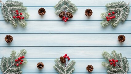 Frosted fir branches red berries pine cones festive border light blue wooden background Christmas holiday frame