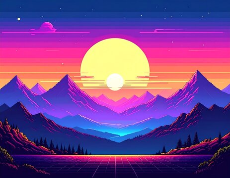 Geometric landscape with sunset, mountains, and neon color scheme