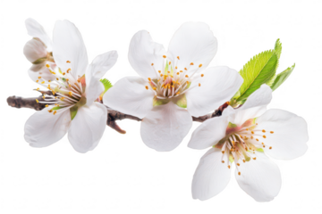 A close-up view of delicate white cherry blossoms blooming on a branch. their intricate petals and yellow stamens against a clean white background. ideal for nature-themed projects