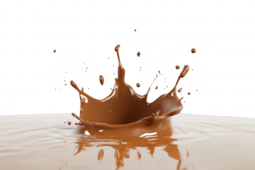 A dynamic splash of rich chocolate liquid creating a crown-like shape as it hits the surface of a calm body of water. with a clean white background enhancing the visual impact