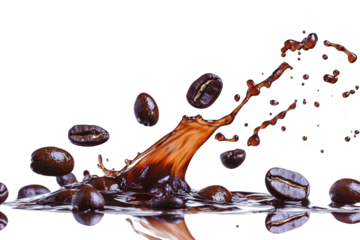 A dynamic splash of coffee with flying coffee beans captured against a clean white background. the energy and richness of coffee. ideal for culinary and beverage-related content
