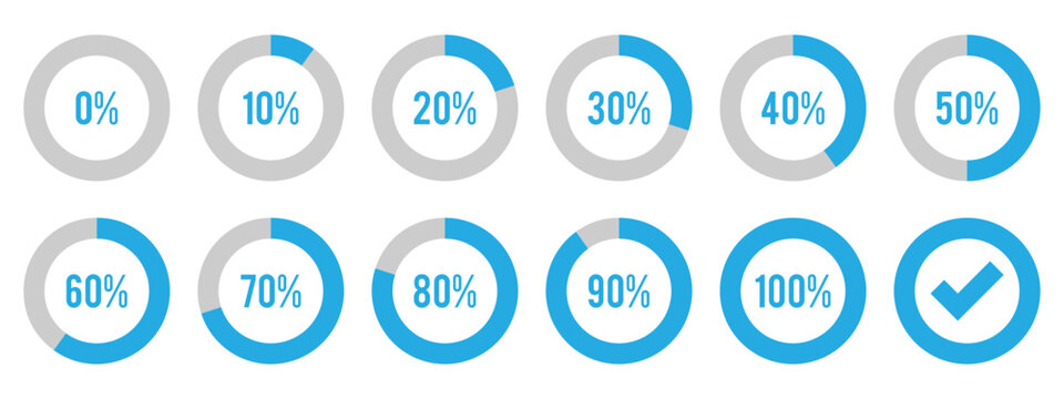 Circle loading, circle progress with percentage. Set of circle percentage diagrams for infographics, set of percentage infographic chart - 0 10 20 30 40 50 60 70 80 90 100. Vector infographic set. 