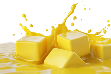A splash of yellow liquid with butter cubes creating dynamic splashes. capturing the essence of culinary creativity and freshness. ideal for food-related content