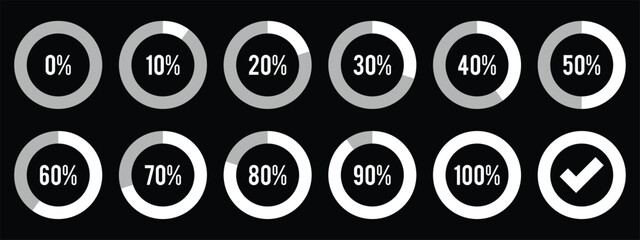 set of percentage infographic chart. Pie chart of percentages for infographic and UI. Progress, download, and upload, percentage meter with scale from 5 to 100. Download with percentage icons. 
