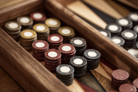 Colorful game pieces displayed in a wooden board for competitive play during an indoor gathering