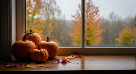 Pumpkins on a windowsill with autumn foliage and raindrops on the window