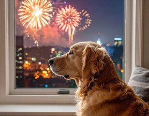Golden Retriever gazes at dazzling fireworks over a city