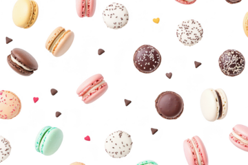 A assortment of colorful macarons arranged artistically on a white background. various flavors and toppings. perfect for dessert photography or culinary displays