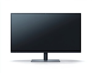 Modern flat screen monitor with black bezel and rectangular base standing on flat surface against white background