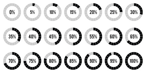Loading indicator. Progress bar. Percentage meter. UI, User interface. Loading symbol. Download process. Circle icons set. percentage infographic, Realistic modern design. EPS 10. 