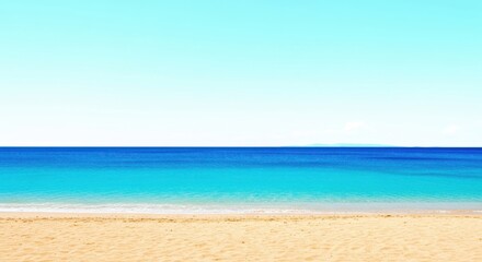 Obraz premium Minimalist view of a tranquil tropical beach with clear turquoise water meeting a strip of golden sand under a bright, pale blue sky, creating a serene horizon line