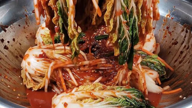 Traditional Kimchi Preparation Hands Mixing Nappa Cabbage with Spice Paste