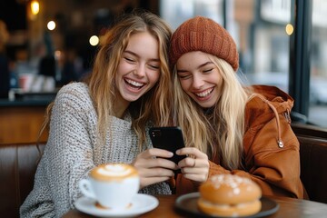 Two young women sitting closely together in a cozy cafe, laughing and looking at a smartphone with coffee and a sandwich on the table