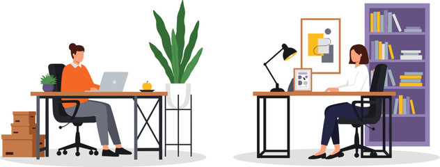 Modern flat design vector illustration depicting two people working remotely in separate home offices, symbolizing flexibility, freelance work, and digital career