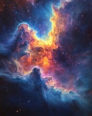 Obraz premium Vibrant cosmic nebula with glowing orange, blue, and purple clouds of interstellar gas and dust in deep space filled with stars, evoking a sense of mystery and wonder