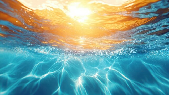 Sunlight shimmering through clear blue water with gentle waves and sparkling reflections creating a peaceful underwater view