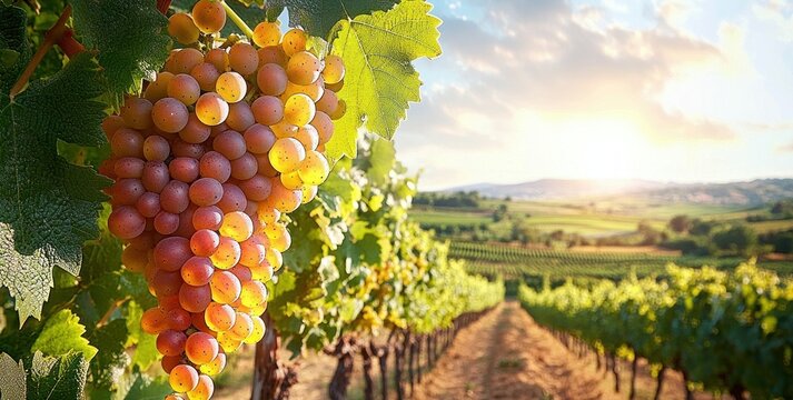 Close-up of ripe pink grapes hanging on vine with bright green leaves in vineyard at golden sunset with rolling hills in background - Powered by Adobe