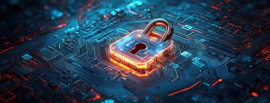 Glowing digital padlock representing cybersecurity and data protection on a futuristic circuit board with blue and orange lighting