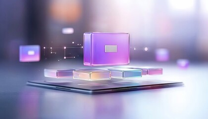 Abstract digital cubes with glowing connections float above a tablet. The scene is set against a soft-focus background, creating a futuristic and technological