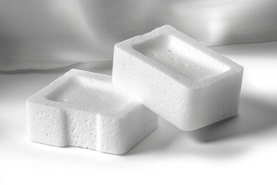 Two white rectangular styrofoam foam blocks with textured surfaces placed on a smooth white surface under soft lighting