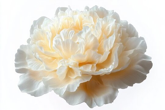 Close-up view of a delicate pale peach and white ruffled flower with soft textured petals against a bright white background, evoking a sense of freshness and purity - Powered by Adobe