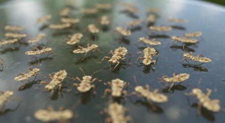 Scattered small pieces on dark surface