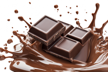 A dynamic splash of rich. melted chocolate surrounding several square chocolate bars. a delicious dessert scene that evokes indulgence and culinary creativity