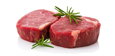 Fototapeta premium Fresh cuts of premium red beef steak garnished with sprigs of rosemary. presented on a clean white background. ideal for culinary use or meat marketing