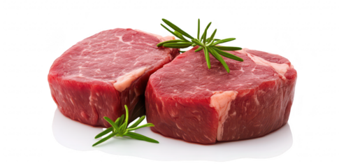Fresh cuts of premium red beef steak garnished with sprigs of rosemary. presented on a clean white background. ideal for culinary use or meat marketing