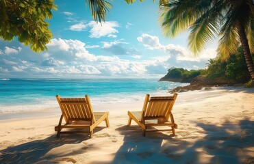 Two wooden lounge chairs on a sunny tropical beach with clear blue ocean, palm trees, and lush greenery under a partly cloudy sky