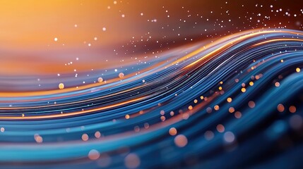 An abstract digital art piece featuring flowing lines of blue and orange, with scattered bokeh lights and small white particles against a gradient background.