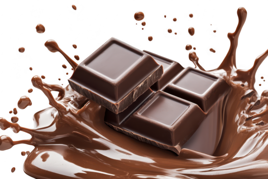 A dynamic splash of rich. melted chocolate surrounding several square chocolate bars. a delicious dessert scene that evokes indulgence and culinary creativity