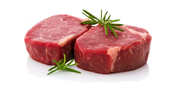 Fresh cuts of premium red beef steak garnished with sprigs of rosemary. presented on a clean white background. ideal for culinary use or meat marketing