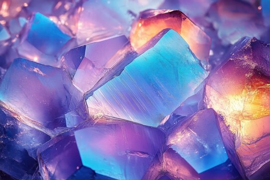 Close-up of translucent purple and blue crystals with facets glowing in warm and cool light hues creating a mystical and calming effect - Powered by Adobe