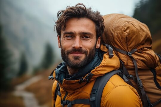 Confident man smiling with a beard and tousled hair wearing an orange jacket and large hiking backpack outdoors on a misty trail in a forested mountain area - Powered by Adobe