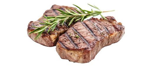 Two perfectly grilled steaks garnished with fresh rosemary. placed on a clean white background. the juicy texture and appealing grill marks. ideal for culinary promotions