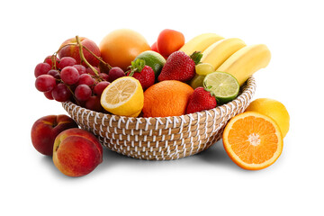 Wicker bowl with different fresh fruits on white background
