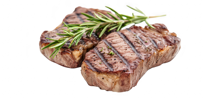 Two perfectly grilled steaks garnished with fresh rosemary. placed on a clean white background. the juicy texture and appealing grill marks. ideal for culinary promotions