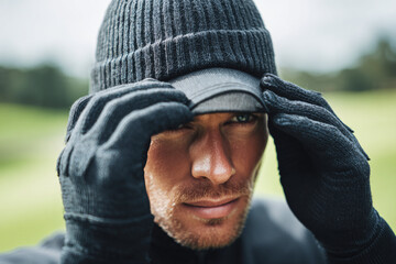 Man adjusting his cap and gloves while preparing for outdoor activity in cool weather