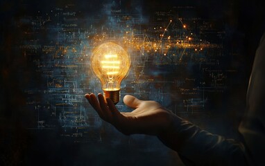 Hand holding a glowing light bulb with a background of complex glowing diagrams and equations symbolizing innovation and bright ideas