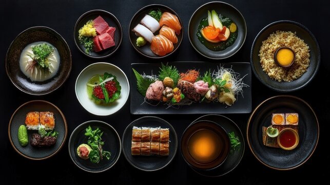 Overhead view of an elegant Japanese meal featuring assorted sushi, sashimi, roe, rice, soup, and garnishes artfully arranged in black bowls and plates on a dark surface
