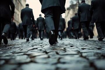Close-up view of people in formal suits walking on wet cobblestone street in a city with an overcast sky, evoking a sense of urgency and purpose